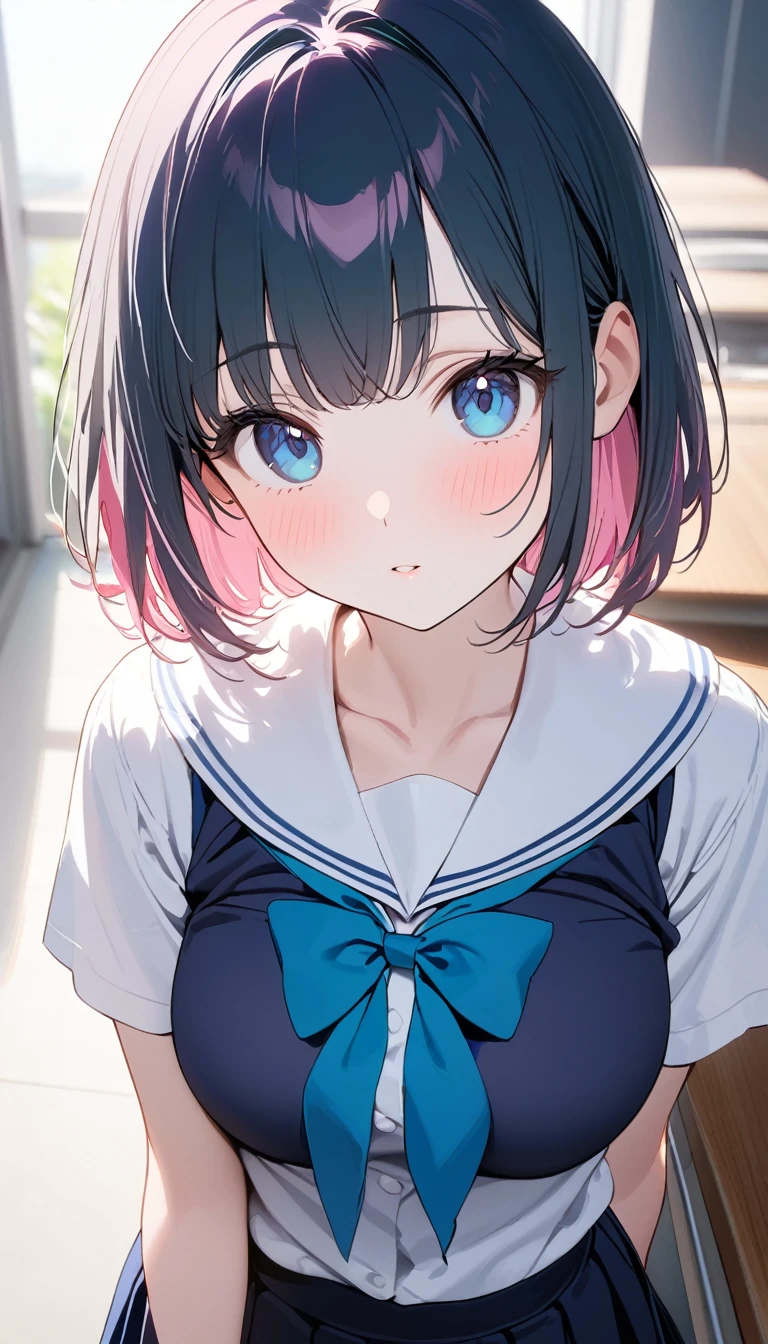 (1 girl),(Best Picture Quality, 8K, Masterpiece:1.3), (high school student:1.5), (pink lob hair:1.1), [mintgreen hair:0.1], (bob cut), (slant skyblue eyes), ((school uniform, white short simple sleeve shirt, darkblue skirt)), (super clear:1.5), (glistening skin:1.1),(pale skin:1.2), (standard weight), (medium breasts), ((round face:1.5)), (close up face).