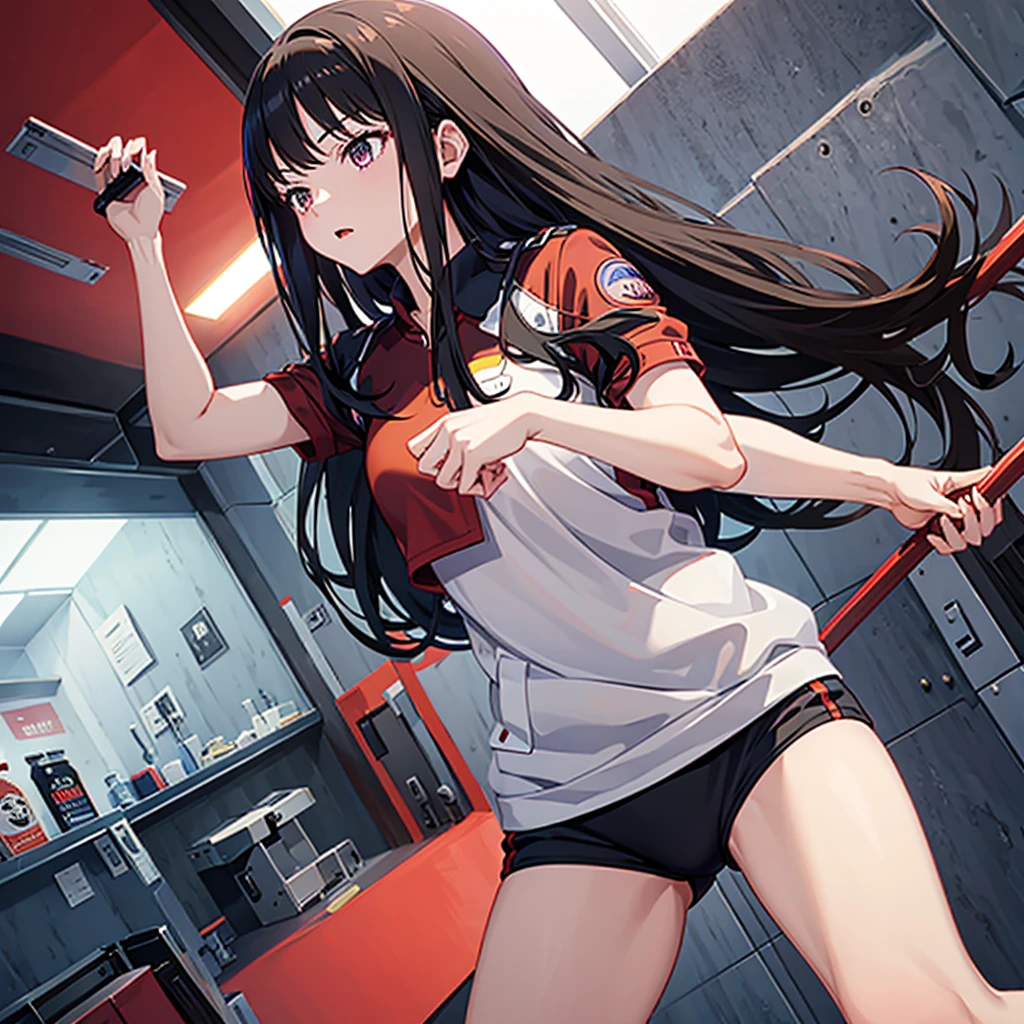 masterpiece, best quality, highres, aatakina, long hair, black hair,gym uniform,red buruma, white shirt, short sleeves, thighs,