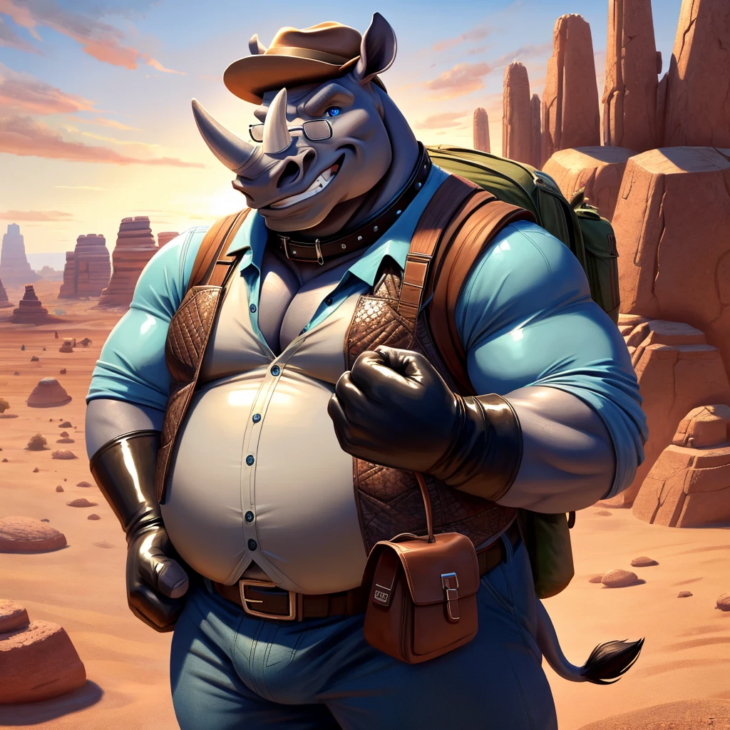 Male, fat, extremely obese, Rhinoceros, blue eyes, (posing:1.3), (soft shading), 4k, hi res, ((detailed face, detailed)), looking at viewer, evil grin, desert, cactus, shirt, hat, male focus, Explorer Outfit, glasses, pants, bag, vest, backpack, sleeves rolled up, round eyewear, brown headwear, brown vest, Rhinoceros is wearing a glossy leather dog collar around the neck, Rhinoceros is wearing the leather collar and shirt and vest at the same time, Rhinoceros is wearing glossy white rubber gloves on the hands, gloves are rubber in texture, clenching teeth, clenching fists, leather collar is glossy and shiny with a lot of detail, white rubber gloves.