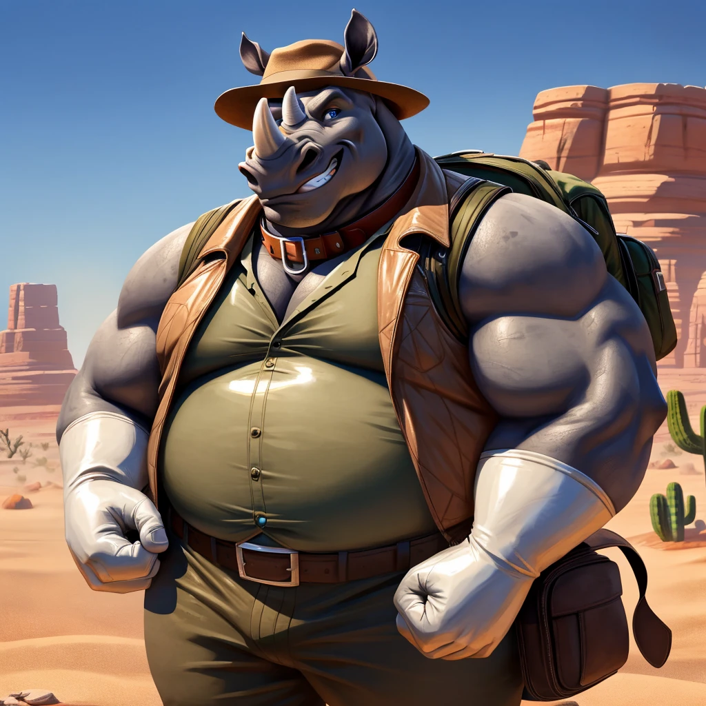 Male, fat, extremely obese, Rhinoceros, blue eyes, (posing:1.3), (soft shading), 4k, hi res, ((detailed face, detailed)), looking at viewer, evil grin, desert, cactus, shirt, hat, male focus, Explorer Outfit, glasses, pants, bag, vest, backpack, sleeves rolled up, round eyewear, brown headwear, brown vest, Rhinoceros is wearing a glossy leather dog collar around the neck, Rhinoceros is wearing the leather collar and shirt and vest at the same time, Rhinoceros is wearing glossy white rubber gloves on the hands, gloves are rubber in texture, clenching teeth, clenching fists, leather collar is glossy and shiny with a lot of detail, white rubber gloves.