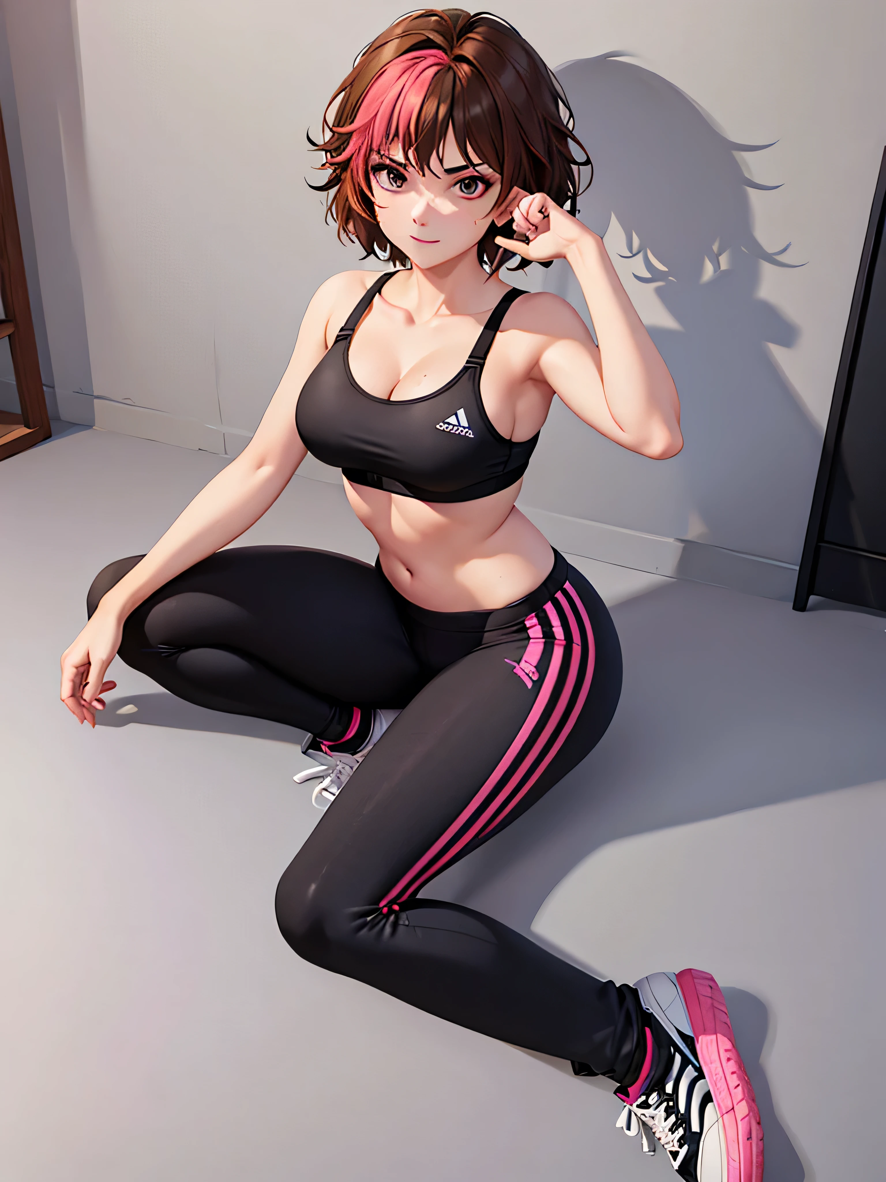 merula, sexy pose, sneakers, sexy black sport bra, yoga pink adidas pants, full body, thighs, sitting pose