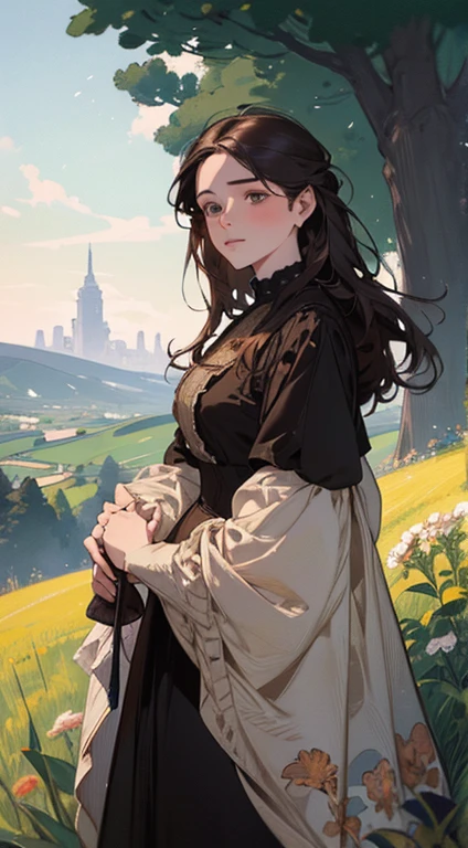 Painting of a woman standing on a hill with flowers in her hands, art by Édouard Bisson, krenzcushart, Opa jeremy lipkin, inspirado em Pierre Auguste Cot, Opa painting style, moebius + Roish + Opa, por Aleksander Gine, Marcos Ariane, inspirado em Cynthia Sheppard