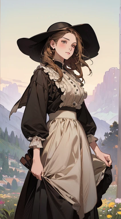 Painting of a woman standing on a hill with flowers in her hands, art by Édouard Bisson, krenzcushart, Opa jeremy lipkin, inspirado em Pierre Auguste Cot, Opa painting style, moebius + Roish + Opa, por Aleksander Gine, Marcos Ariane, inspirado em Cynthia Sheppard