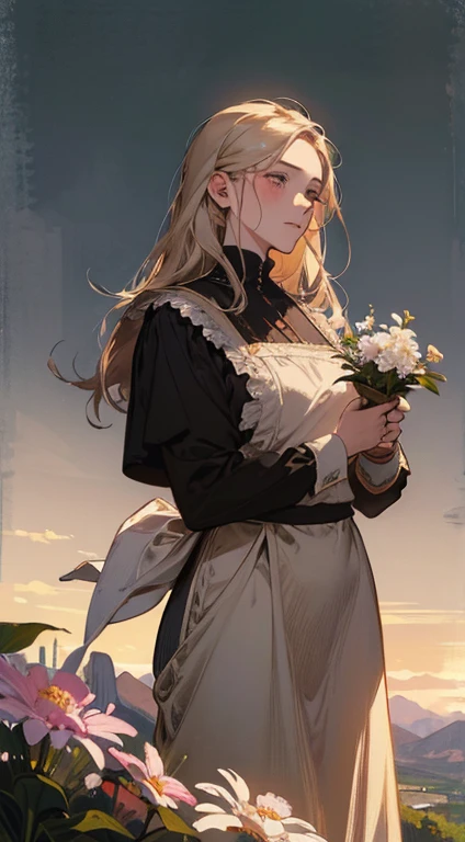 Painting of a woman standing on a hill with flowers in her hands, art by Édouard Bisson, krenzcushart, Opa jeremy lipkin, inspirado em Pierre Auguste Cot, Opa painting style, moebius + Roish + Opa, por Aleksander Gine, Marcos Ariane, inspirado em Cynthia Sheppard