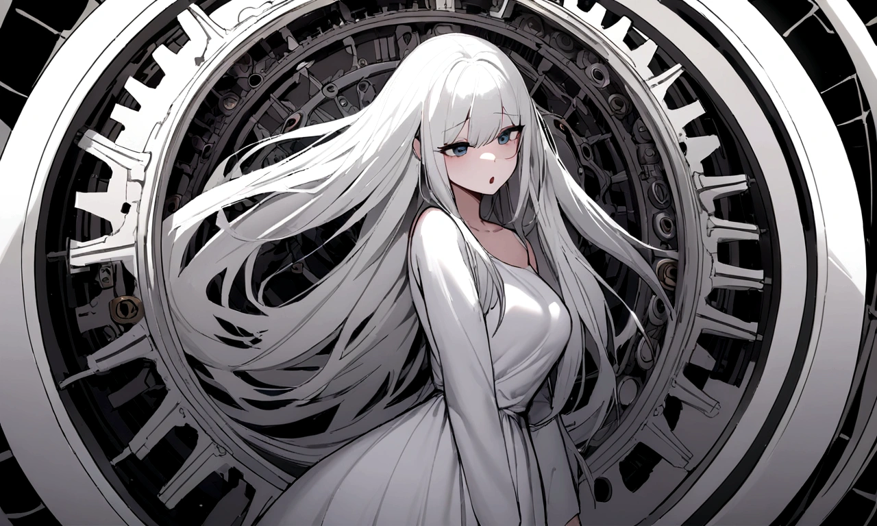 black and white drawing, giant clockwork background, beautiful woman 1, white long straight hair, white hair, wearing a white dress, get sucked in, 기계로 get sucked in, be sucked into a machine, seep into the machine