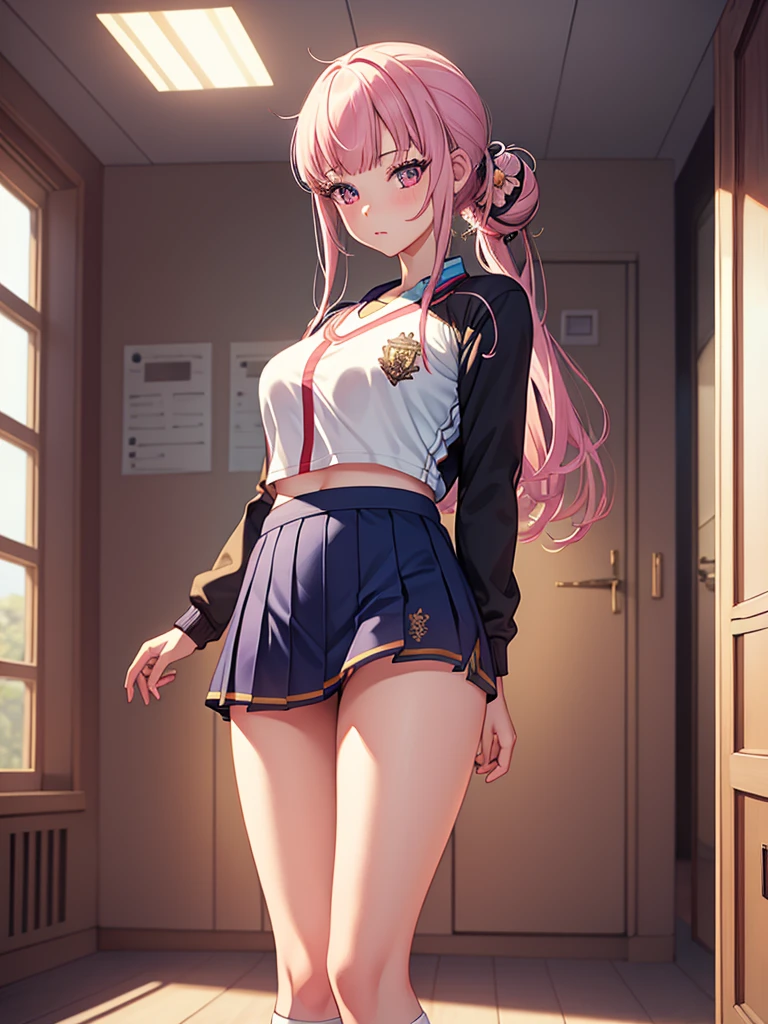 1girl, solo, masterpiece, best quality, high res, highly detailed, (illustration), beautiful detailed eyes, mori calliope, single hair bun, glossy lips, light makeup, standing, sport uniform, locker room, sneakers, (view from behind)