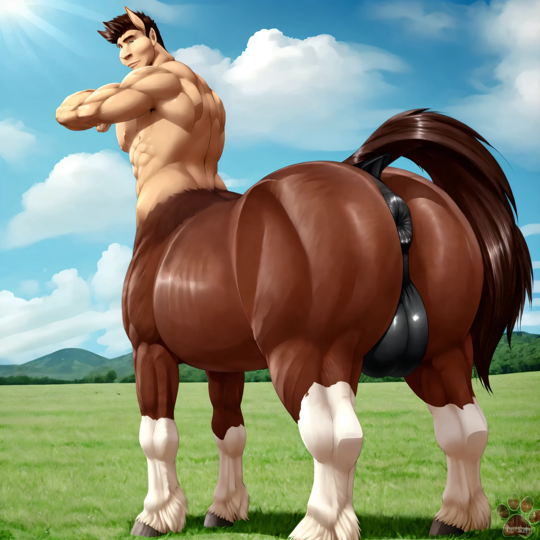 (by hubedihubbe), (by Fasttrack37d), (A giant thick male centaur stands in an open field, presenting his giant horse ass.)