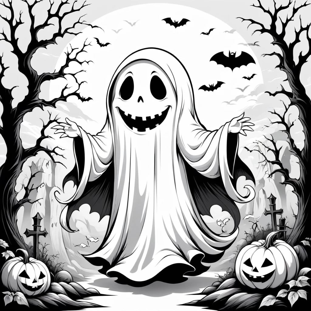 desenho de linha de halloween ghost, em fundo branco, monocromático, preto e branco, no shadows, white background, whithout background, fundo branco, lineart, estilo vector