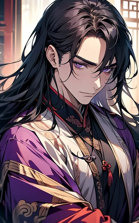1 middle-aged man, (45 years old), long black hair, violet eyes, chinese clothes, (!PURPLE! clothes), available at purple chinese room, portrait,