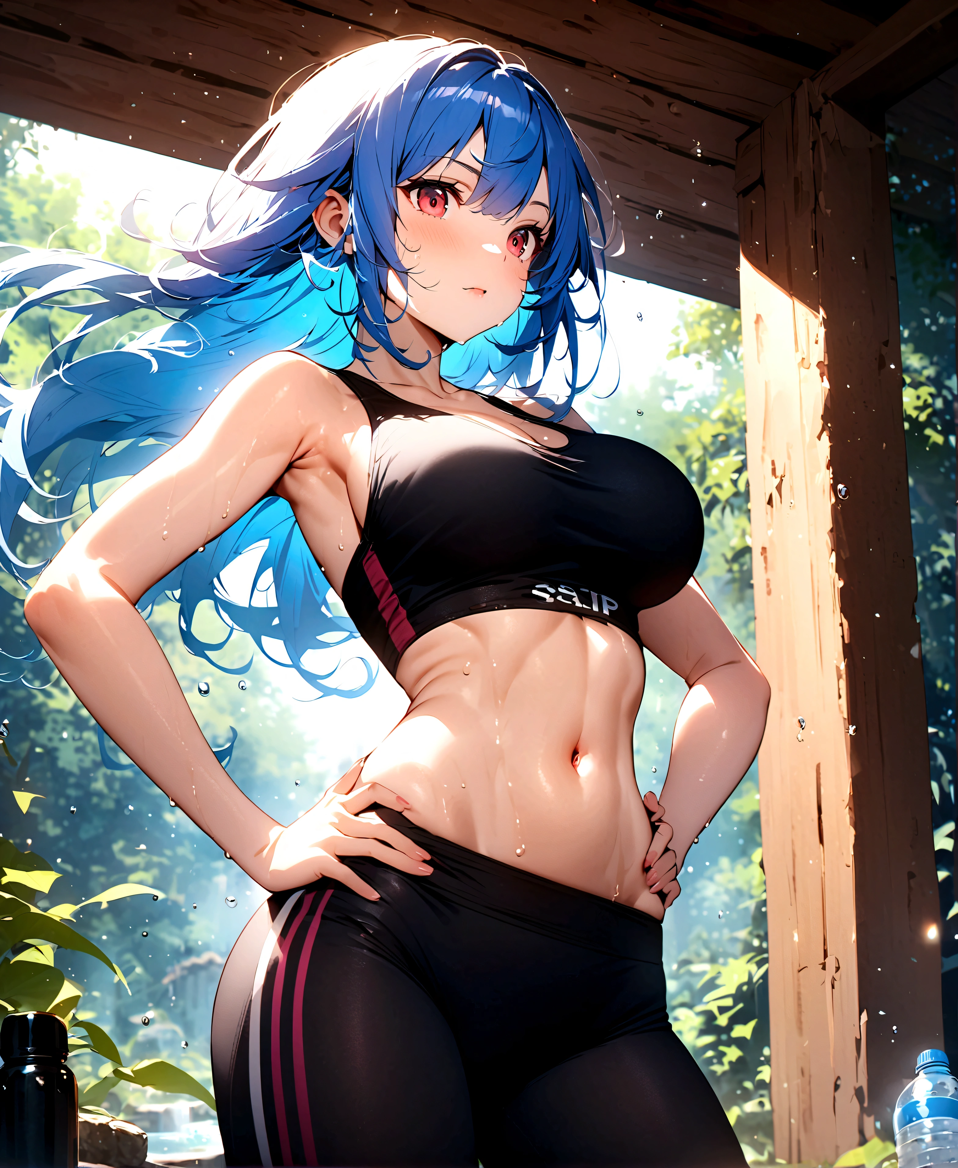 Score 9、Score 8 up、Score 7 up、 Yatsu purple、One girl、Mature Woman、Red eyes、Blue Hair、Long Hair、bangs、Large Breasts、 Sportswear、Black sports bra、Black Yoga Pants、stomach、 drink、Forest Path、Sweat、vapor、One person、Pour to yourself、Water bottle、Toned body、Have、Hydration、Put your hands on your hips、