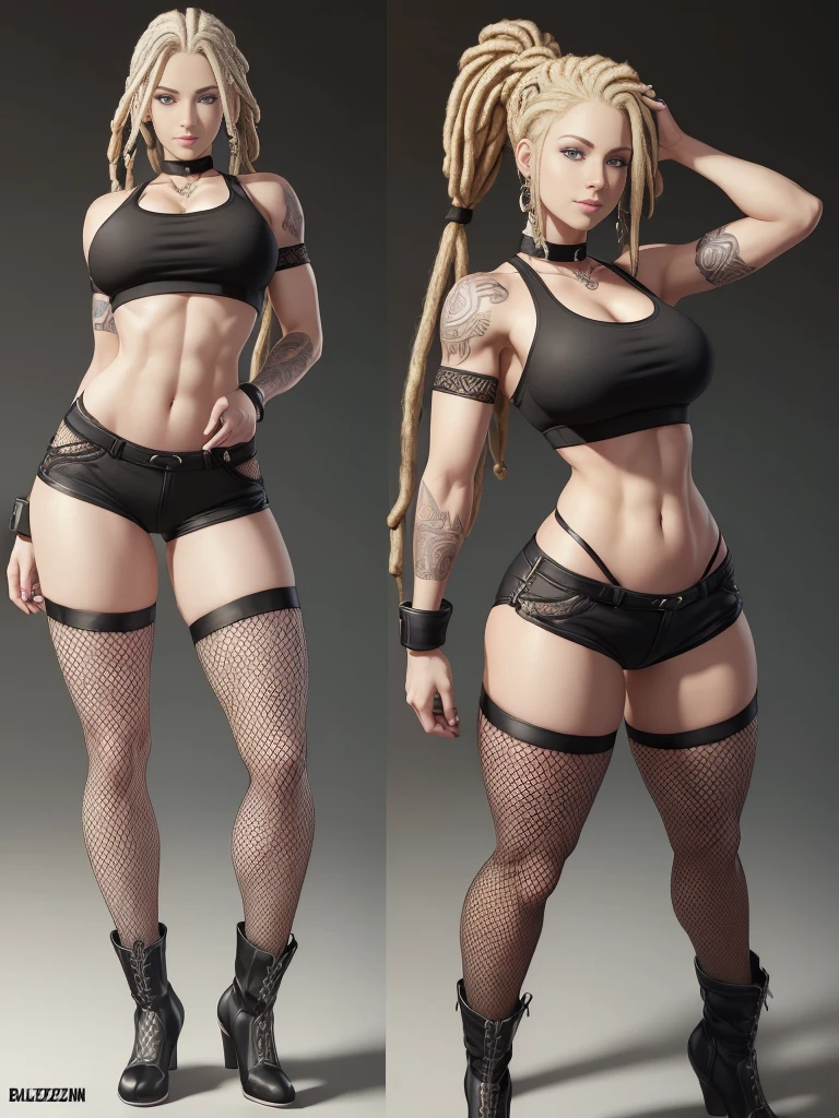 ((best quality)), ((4k)), ((highres)), ((masterpiece:1.2)). ((detailed)), ((ultra realistic)), ((intricate details)), ((full body picture)), ((character design sheet)), a full body picture of a beautifull norwegian female, scandinavian woman, pale skin, ((emphasis on her pale skin)), ((standing in a relaxed pose)), ((blank background)), ((relaxed vibes)), a warm smile on her face, ((a warm smile)), perfect face, gorgeous face, ((vivid blue eyes)) detailed eyes, detailed lips, ((no makeup)), ((nose ring)), 35 years old, ((balzacian woman)), about 6'0 tall, white woman with short platinum blonde dreadlocks up to her shoulders, ((emphasis on white woman with short platinum blonde dreadlocks up to her shoulders)), ((platinum blonde rasta hairstyle)), ((not too bushy dreadlocks)), ((not skinny looking)), ((powerlifter body)), ((tattoos on both her arms)), ((black finger nails)), dressed in a ((black short-sleeve crop top)), midriff ((FLAT ABS)), she's wearing ((fishnet tights under her high waisted black booty shorts)), ((black leather booties with no heels)), ((black choker)), fighting game character concept art, tekken character design, the king of fighters character concept, full bofy, full body concept art, full body art