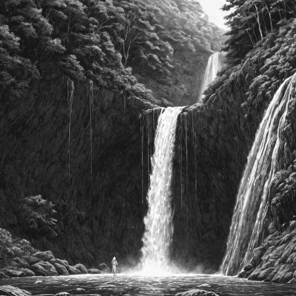 falling into the waterfall, (anime), bizarre scenario, This is Junji, Yusuke Murata, black and white, 8K, anime, horror