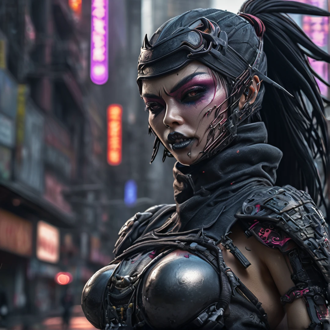 Heavy metal ninja Monster post-apocalyptic city, insanely detailed real shiny skin, masterpiece quality, real color, female ghoul vampire, erotic and sensual, 8k resolution🔥, Miki Asai Macro photography, close-up, hyper detailed, trending on artstation, sharp focus, studio photo, intricate details, highly detailed, by greg rutkowski