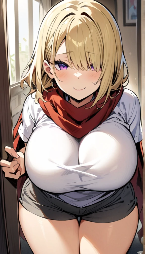 ((Best Quality)), ((Masterpiece)), (detailed), 1 girl, Pastel yellow hair, wide, hair covers one eye, purple eyes, tight, big breasts, big thighs, expression smiling shy, White T-shirt, black sweater, Red scarf, Gray pants, at home, looking at the viewer trying to surprise him,