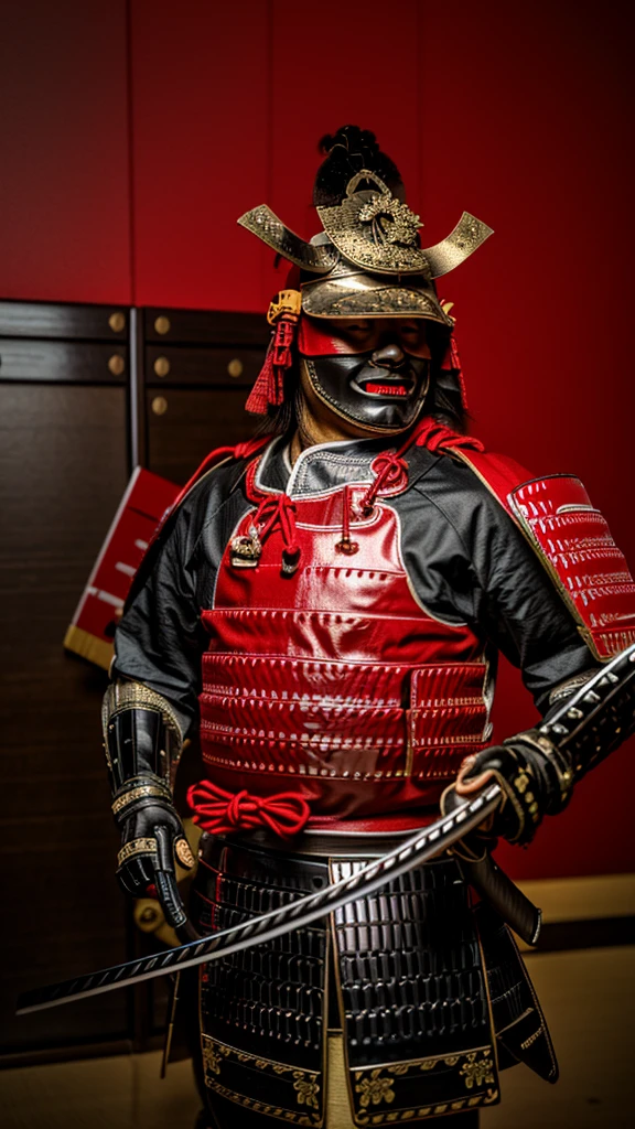 (Best Quality,4K,8K,hight resolution,masutepiece:1.2),Ultra-detailed,(Realistic,Photorealistic,Photorealsitic:1.37),Samurai of feudal Japan in the Sengoku period, Wear samurai armor, Wearing a black samurai helmet with demon mask, Wielding a sharp sword, It exudes a strong sense of intimidation, Glowing red eyes, Mikawa Squire