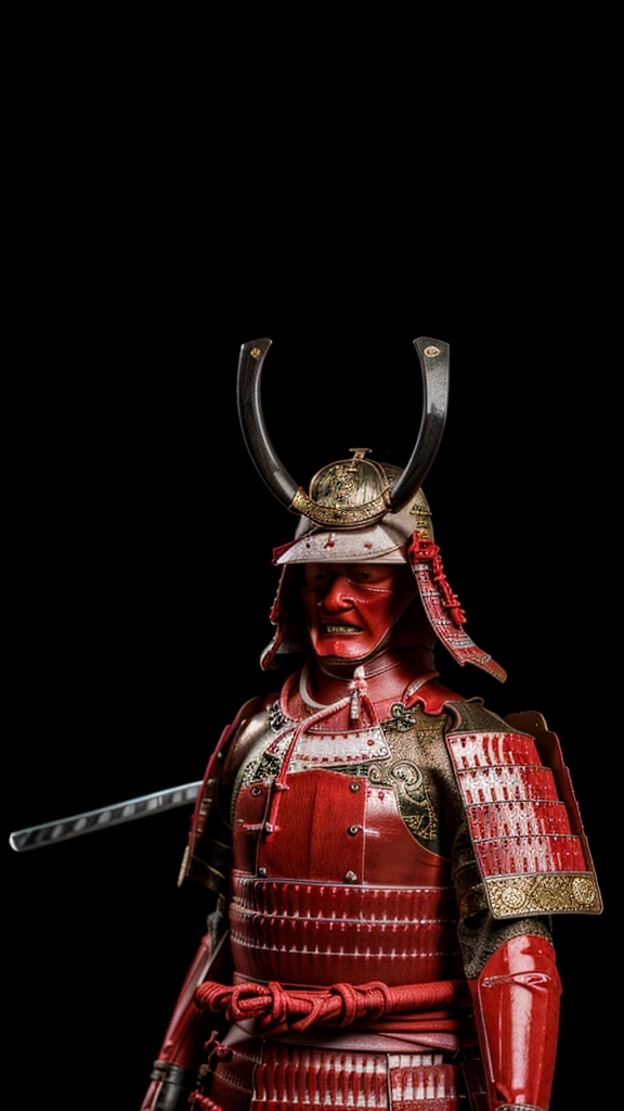 (Best Quality,4K,8K,hight resolution,masutepiece:1.2),Ultra-detailed,(Realistic,Photorealistic,Photorealsitic:1.37),Samurai of feudal Japan in the Sengoku period, Wear samurai armor, Wearing a black samurai helmet with demon mask, Wielding a sharp sword, It exudes a strong sense of intimidation, Glowing red eyes, Mikawa Squire