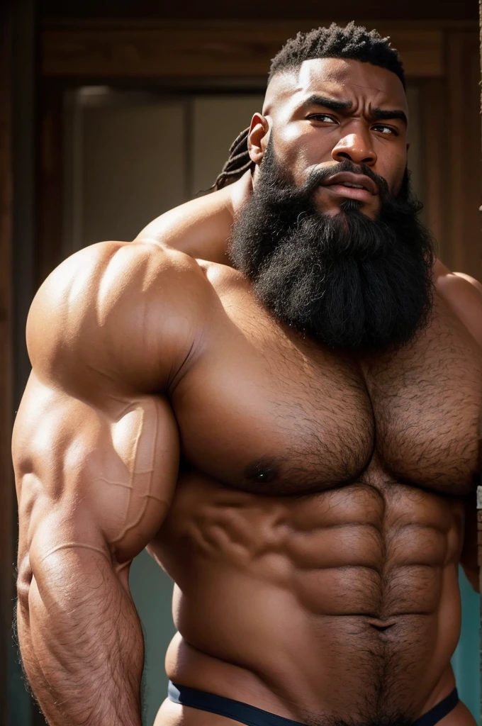 an exaggeratedly muscular and large bodybuilder, robust build, Beard, dark-skinned African man, blonde beard surprised expression, afro hair, using only a thong