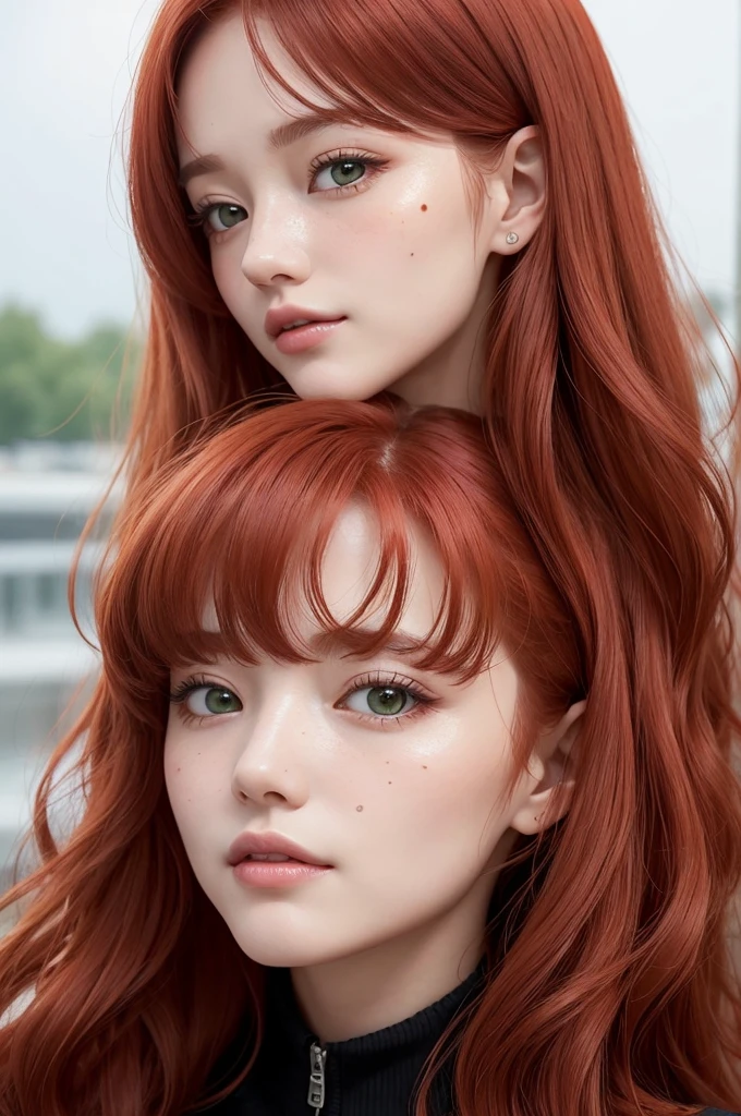 Clara has naturally wavy red hair., which she usually wears with bangs on her forehead, giving you a youthful and relaxed look. Your eyes are green, conveying a feeling of gentleness and calm. A distinctive feature of her is a small mole below her eye., which adds a special charm to your face.