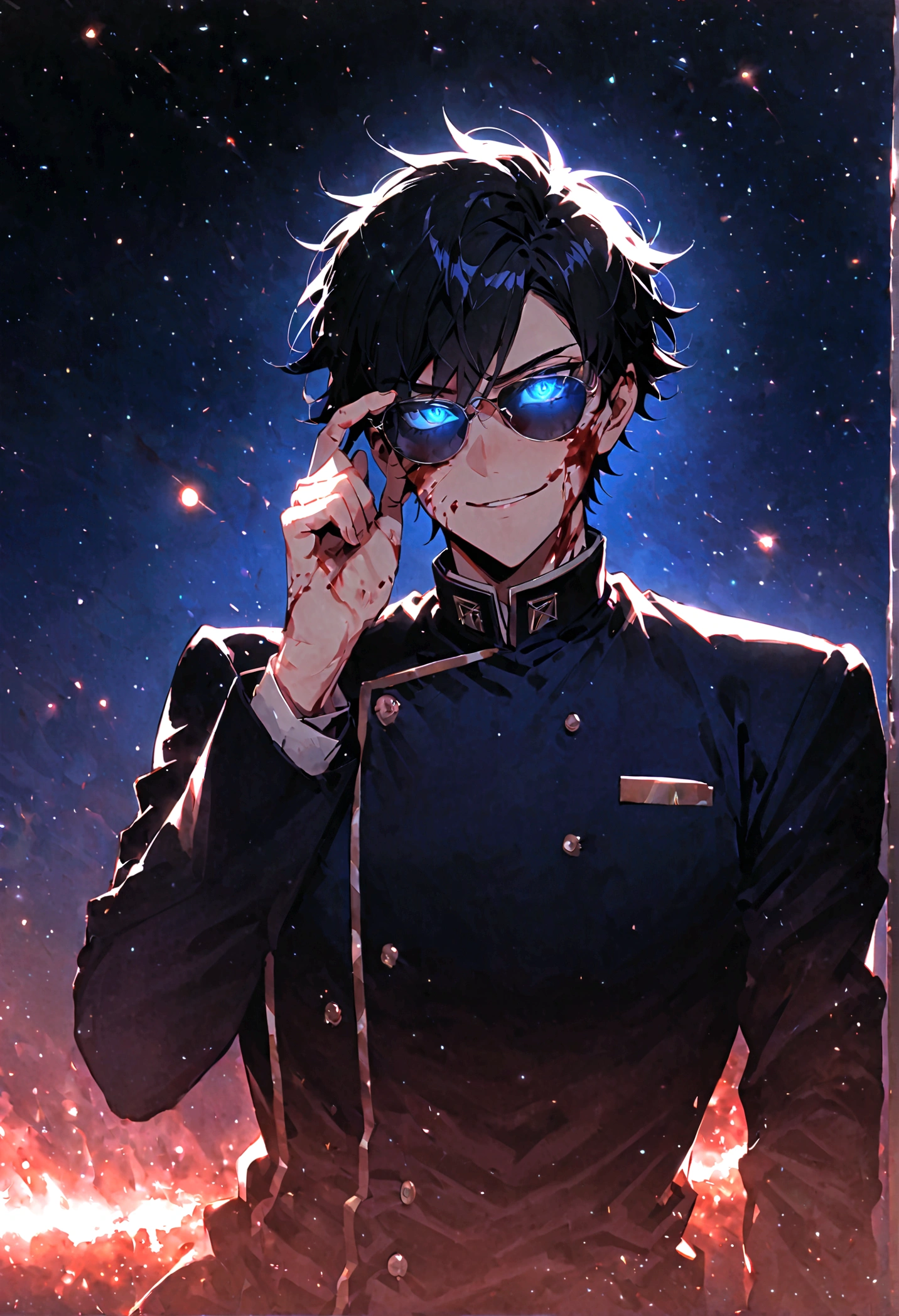 Anime teenager boy who has Black hair with glowing blue eyes that looks like gojo's eyes wearing Jujutsu high uniform first finger crossed over the middle as he takes off his sunglasses while smirking as his eyes glowing blue and looks so rare background a space with a black hole behind him as he float in the space his face was covered with blood and he has some body injuries 