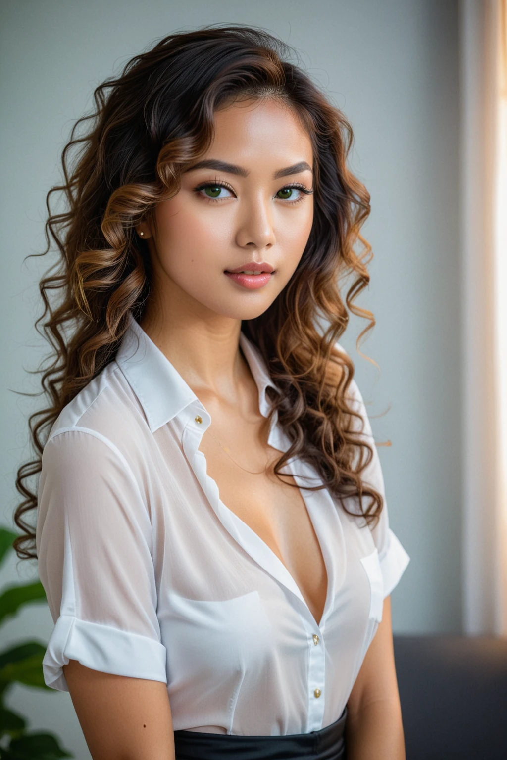 un gros plan real d'une femme 28 ans peau clair, en jupe blanche et portant une chemise noire, photo de pose de tout le corps, realistic, real, yeux brillants vert, nice face, sharpness, curly light brown hair, with Thai origin, sexly