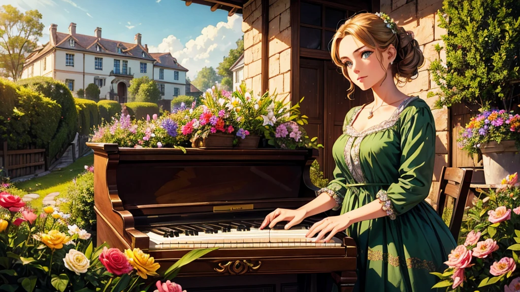 A beutiful realistic scene of a lady in a old fashioned dress; her face has green and perfect eyes; the background is large and vintage, a ancient house with a golden piano and a lot of flowers; masterpiece.