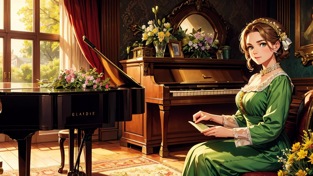 A beutiful realistic scene of a lady in a old fashioned dress; her face has green and perfect eyes; the background is large and vintage, a ancient house with a golden piano and a lot of flowers; masterpiece.