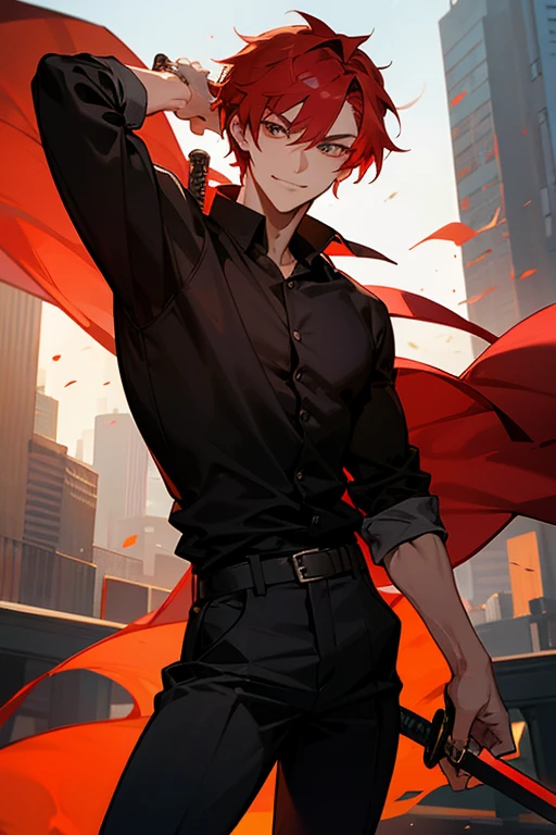 Handsome man, red hair, smile, carrying a sword behind his shoulder, wearing a black long-sleeved shirt, black trousers, fiery hands, intimidation, brown eye color, in the city