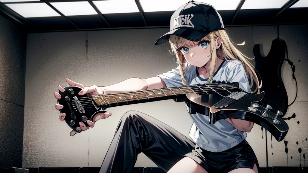 (((grayscale)))(masterpiece:1.2, Highest quality), (Graffiti wall:1.15), One woman, Beanie, Jacket, leggings, blue eyes, whole body,masterpiece, Highest quality, Highly detailed CG, (Intricate details:1.2), 8k wallpaper, One girl, alone, Herringbone , gray , guitar, (holding guitar:1.2), sing, Are standing, Stage lighting, (Mike stand:1.2),a young woman with an electric guitar, black shorts, blue eyes, alone, shirt, Blonde, Baseball cap, white shirt, View your viewers, Long Hair, Short sleeve, Long Hair