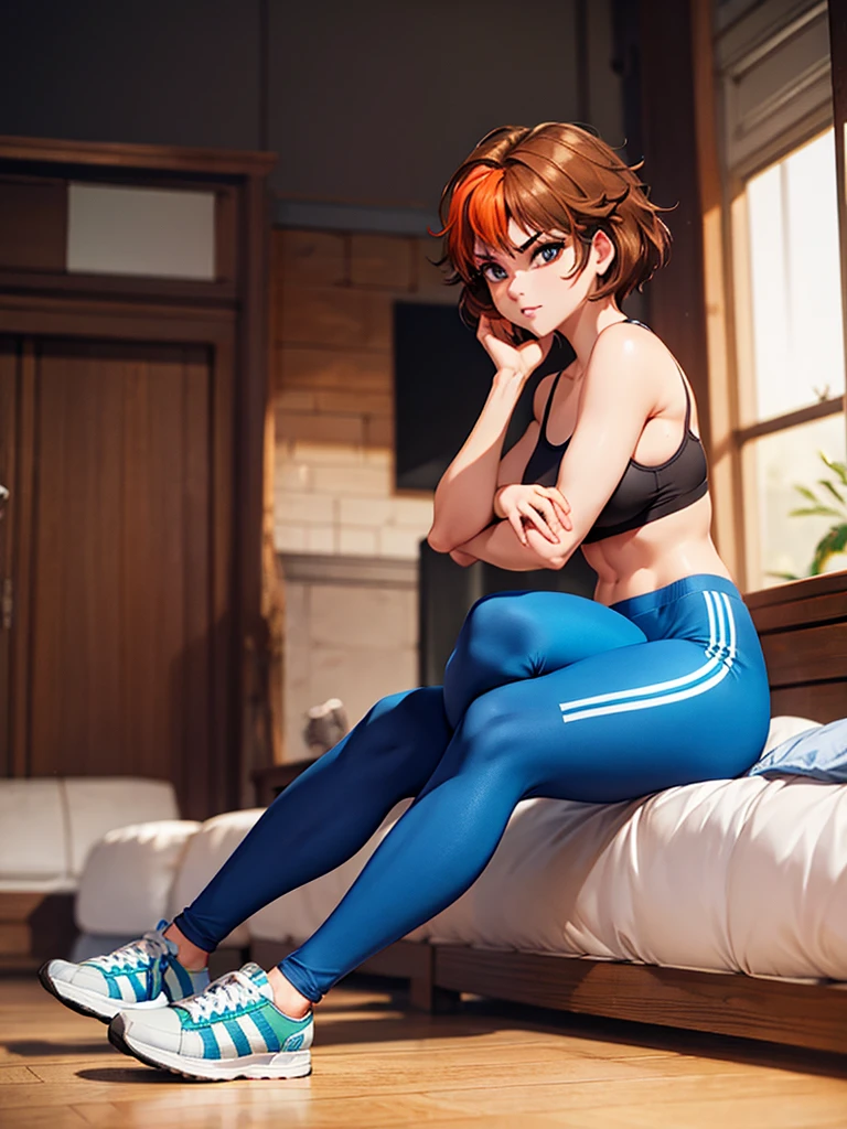 merula, sexy pose, sneakers, sexy sport bra, yoga blue adidas pants, full body, thighs, sitting pose