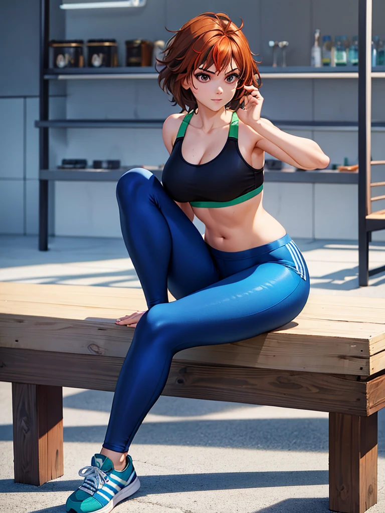 merula, sexy pose, pink high heels, sexy sport bra, yoga blue adidas pants, full body, thighs, sitting pose