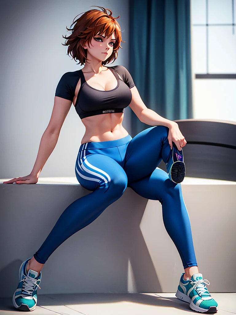 merula, sexy pose, sneakers, sexy sport bra, yoga blue adidas pants, full body, thighs, sitting pose