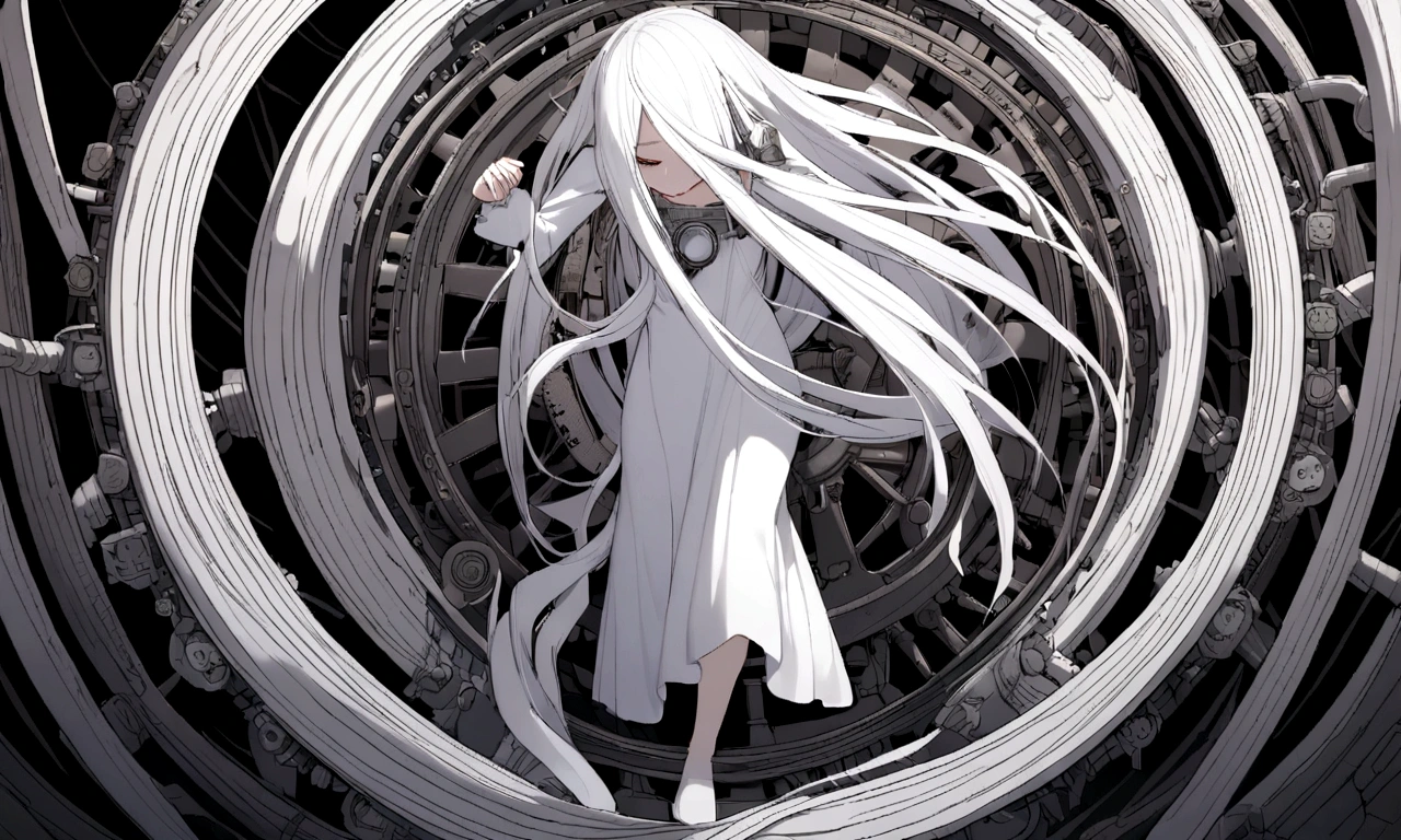 black and white drawing, giant clockwork background, beautiful woman 1, white long straight hair, white hair, wearing a white dress, get sucked in, dragged into a machine, dragged by the machine, seep into the machine