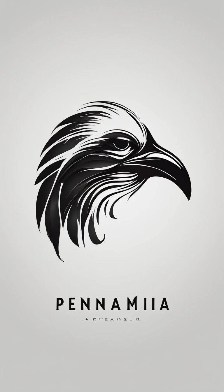 A minimal, modern, simple, cinematic logo design e of a boy with a head full of feathers for the brand “Penamemoria".
