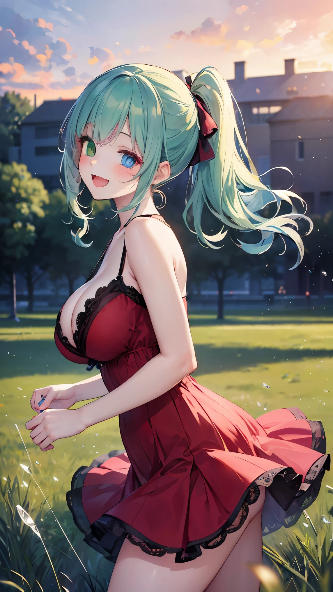 (8k, RAW photo, best quality, masterpiece, highres, absurdres, ultra detailed:1.3), (Photography, realistic, photo-realistic:1.4), (beautiful natural lighting, beautiful deatailed shadow, beautiful detailed glow :1.4), atmospheric,
BREAK Beauty 1 Girl,Solo,(Cute:1.5),(Chibi:0.6),(kawaii:1.5),(:0.5),BREAK,(17 yl),Very detailed,colourfull,highest details,Clear skin,Beautiful skin,Shy,Very detailed,colourfull,highest details,BREAK,Clear skin,Beautiful skin,Shy skin,1 beautiful girl,(Heterochromia,blue eyes,green eyes:1.75),star eye silhouette,BREAK (pale blue hair, Medium length:1.4),(side ponytail,A little curly hair,Princess Cut, crossed bangs:1.3),,(cleavage of the breast,Big breasts,Beautiful breasts,Large breasts:1.5),(long eyelashes, Double eyelids:1.2),Solo,gleaming skin, Clear skin, Beautiful skin,(best quality face),(Top quality glowing eyes), (The best smile,:D:1.45),
BREAK //Character
//Character
1girl,
BREAK
//Fashions
(red frozen crystal-themed dress with intricate ice-inspired details:1.2),(red dress adorned with abundant lace and ribbons:1.3),(mesmerizing red dress inspired by ice crystals, creating a magical aesthetic:1.2),(effortlessly chic hairstyle:1.4),
BREAK landscape of Nostalgic japan streetscape, many Stretched electric wires, many Complex Electric pole, (vivid sunrise clouds:1.1), (Strong glitter Dazzling backlight:1.1), (Grass dripping with morning dew, tip of lawn enlarged, large lecture park, running with singing: 1.45), wind, wariza,
BREAK wakame,wakame,wakame,(cowboy shot,from side:1.4),
BREAK manga illustration.media,manga style,(water color:1.15),