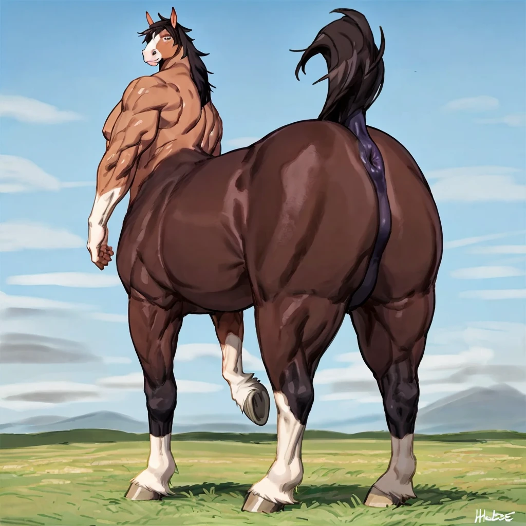 A delicate horse being fucked by a muscular stallion on a farm.