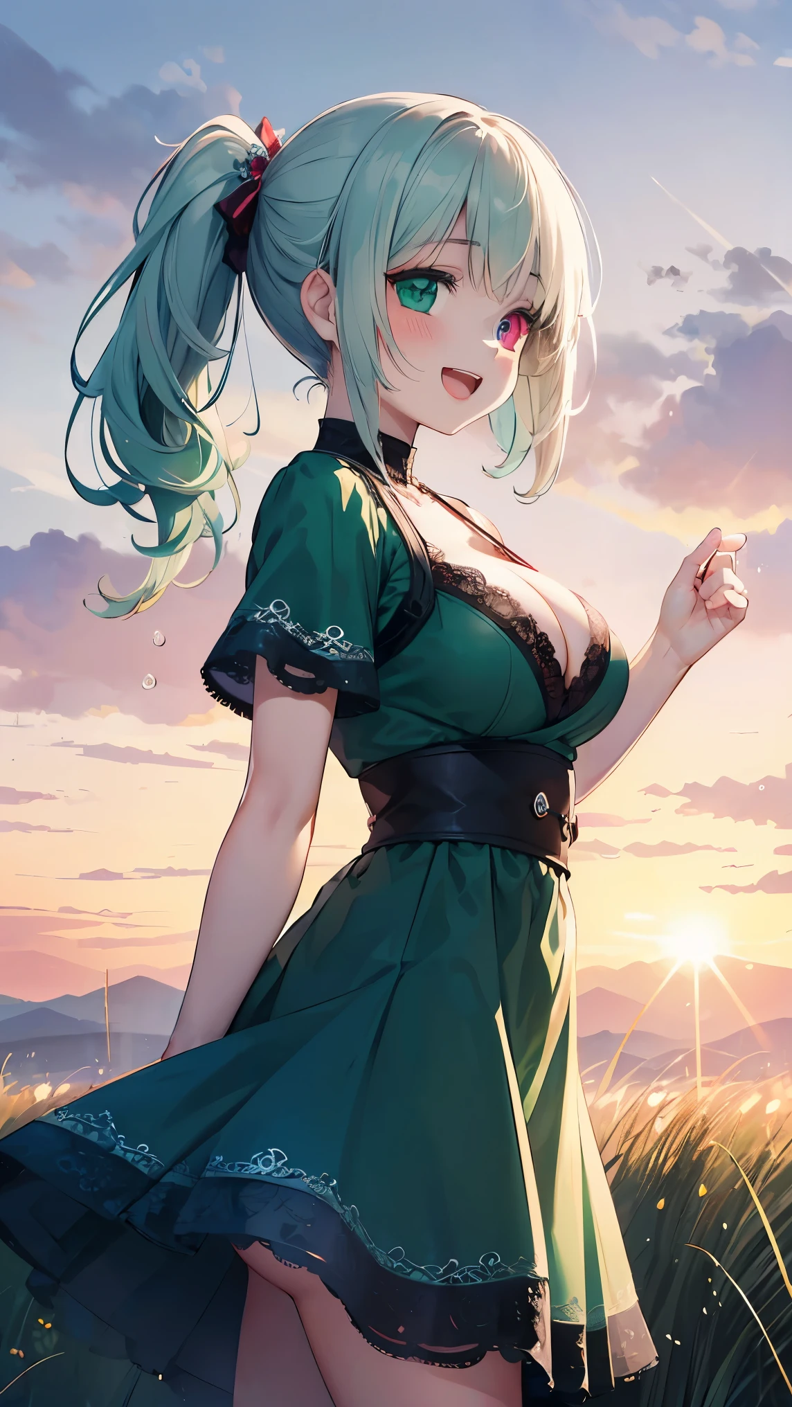 (8k, RAW photo, best quality, masterpiece, highres, absurdres, ultra detailed:1.3), (Photography, realistic, photo-realistic:1.4), (beautiful natural lighting, beautiful deatailed shadow, beautiful detailed glow :1.4), atmospheric,
BREAK Beauty 1 Girl,Solo,(Cute:1.5),(Chibi:0.6),(kawaii:1.5),(Loli:0.5),BREAK,(17 years old girl),Very detailed,colourfull,highest details,Clear skin,Beautiful skin,Shy,Very detailed,colourfull,highest details,BREAK,Clear skin,Beautiful skin,Shy skin,1 beautiful girl,(Heterochromia,blue eyes,green eyes:1.75),star eye silhouette,BREAK (pale blue hair, Medium length:1.4),(side ponytail,A little curly hair,Princess Cut, crossed bangs:1.3),,(cleavage of the breast,Big breasts,Beautiful breasts,Large breasts:1.5),(long eyelashes, Double eyelids:1.2),Solo,gleaming skin, Clear skin, Beautiful skin,(best quality face),(Top quality glowing eyes), (The best smile,:D:1.45),
BREAK //Character
//Character
1girl,
BREAK
//Fashions
(red frozen crystal-themed dress with intricate ice-inspired details:1.2),(red dress adorned with abundant lace and ribbons:1.3),(mesmerizing red dress inspired by ice crystals, creating a magical aesthetic:1.2),(effortlessly chic hairstyle:1.4),
BREAK landscape of Nostalgic japan streetscape, many Stretched electric wires, many Complex Electric pole, (vivid sunrise clouds:1.1), (Strong glitter Dazzling backlight:1.1), (Grass dripping with morning dew, tip of lawn enlarged, large lecture park, running with singing: 1.45), wind, wariza,
BREAK wakame,wakame,wakame,(cowboy shot,from side:1.4),
BREAK manga illustration.media,manga style,(water color:1.15),