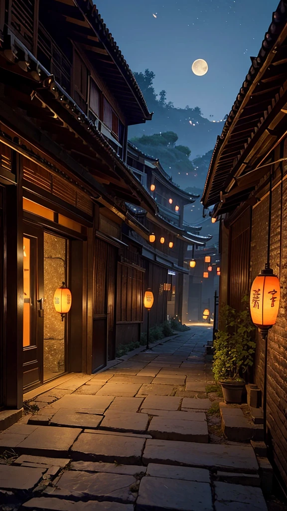 Official Art, Ancient China, Ancient Streets, (Lots of Fireflies), (Night), (Moon), Lights, Beautiful Landscapes, Epic Landscapes, Realistic Lights, Masterpiece, High Quality, Beautiful Graphics, High Detail , Global Illumination, Unreal Engine Rendering, Octane Rendering, (HDR: 1.3)