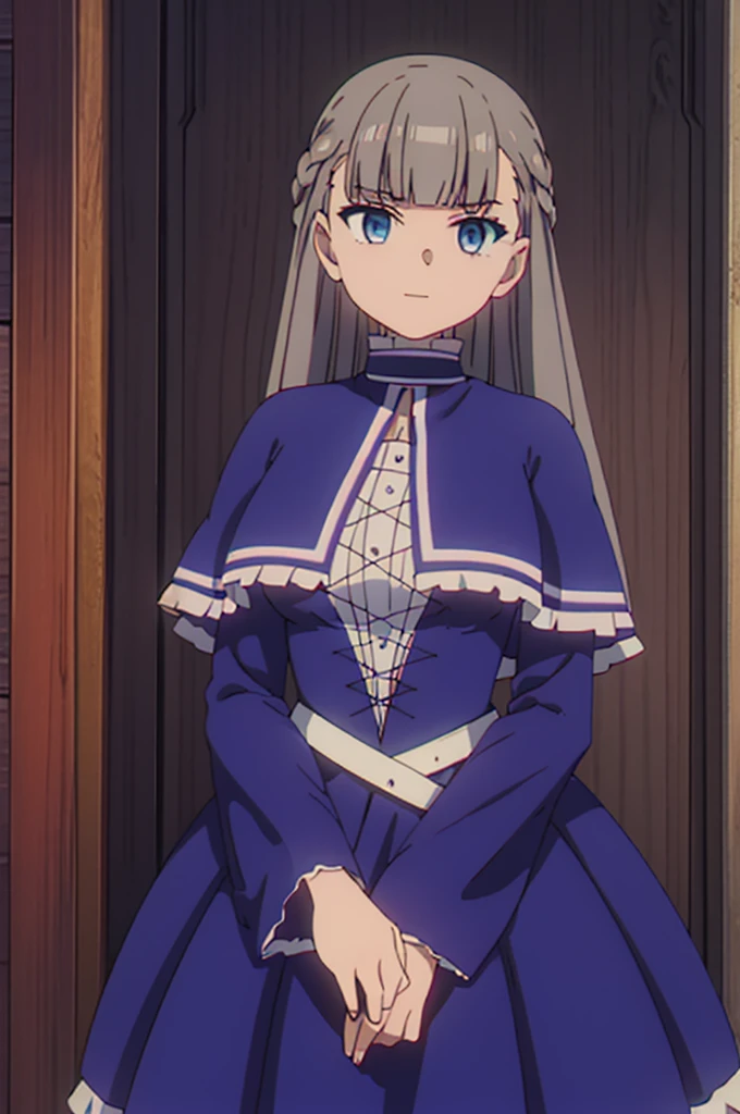 score_9, score_8_up, source_anime, asanagi, by muk \(monsieur\) BREAK, 1girl,lawine, grey hair, blue eyes, blue dress, capelet, frills, long sleeves, looking at viewer, slight smile, indoors