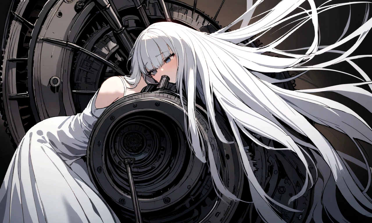 black and white drawing, giant clockwork background, beautiful woman 1, white long straight hair, white hair, wearing a white dress, get sucked in, dragged into a machine, forcibly dragged into a machine, seep into the machine