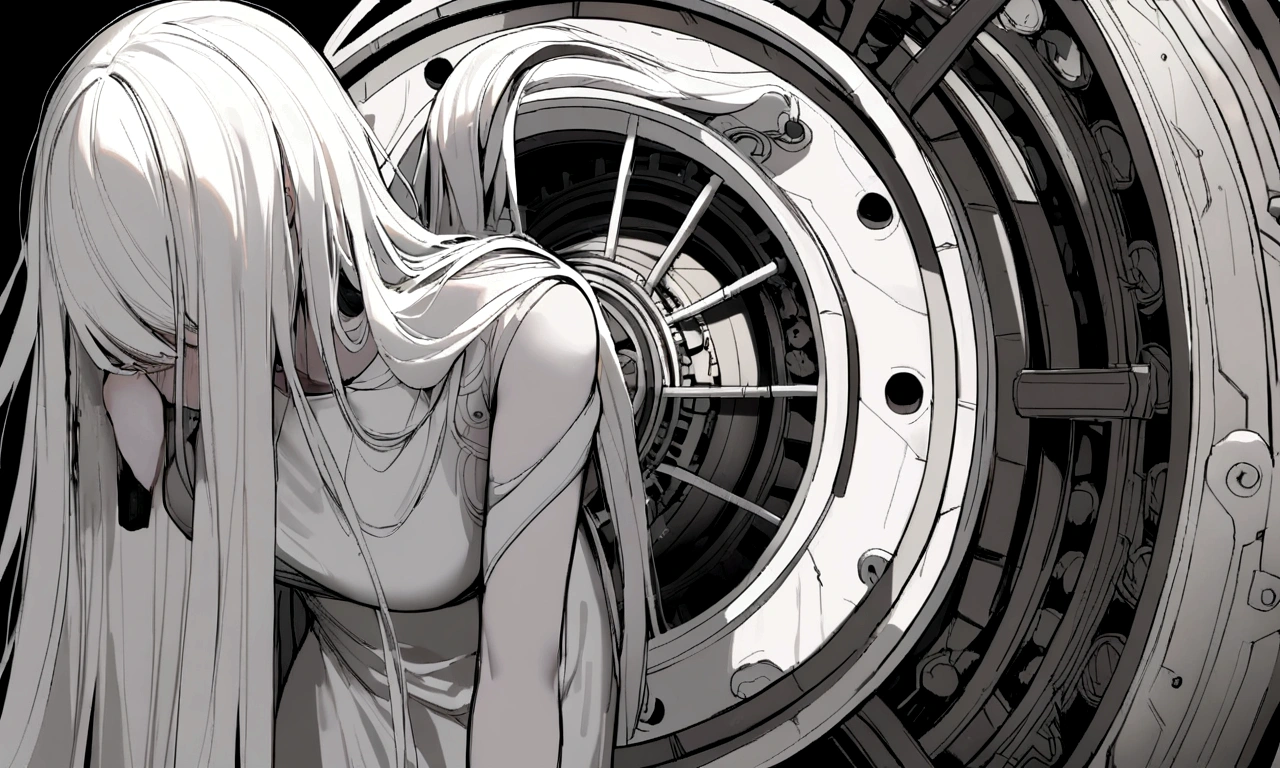 black and white drawing, giant clockwork background, beautiful woman 1, white long straight hair, white hair, wearing a white dress, get sucked in, dragged into a machine, forcibly dragged into a machine, seep into the machine