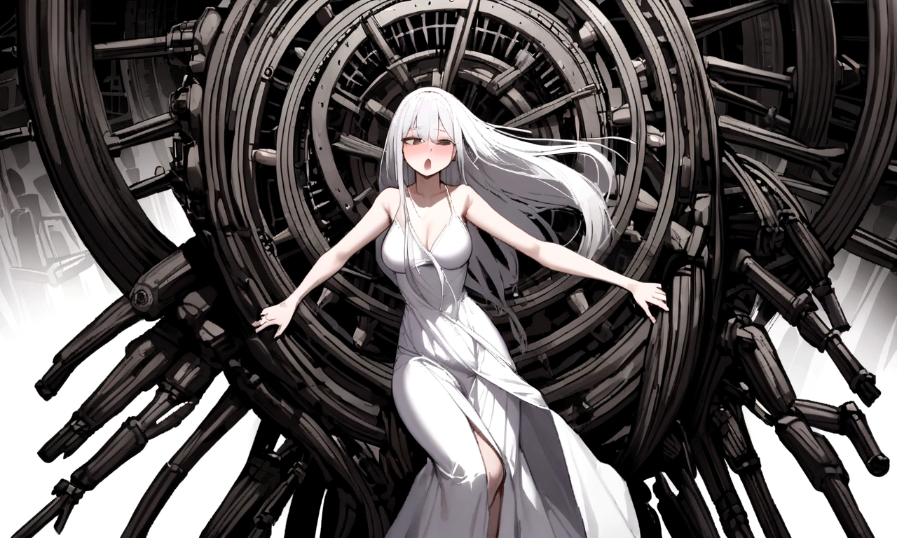 black and white drawing, giant clockwork background, beautiful woman 1, white long straight hair, white hair, wearing a white dress, get sucked in, dragged into a machine, forcibly dragged into a machine, seep into the machine