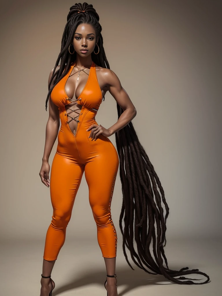 ((best quality)), ((4k)), ((highres)), ((masterpiece:1.2)). ((detailed)), ((ultra realistic)), ((character design sheet)), full body picture of a beautifull Ebony skinned female, black woman, dark skin, ebony princess, perfect face, detailed eyes, detailed lips, 25 years old, long dreadlocks down to her hips, ((emphasis on her long dreadlocks down to her hips)), pretty, feminine woman, toned body but not too muscular looking, dressed in a skin-tight sleeveless full body orange jumpsuit, ((emphasis on the skin-tight sleeveless full body orange jumpsuit)), showing cleavage, glamorous, strappy lace up high, fighting game character concept art, tekken character design, the king of fighters character concept, full bofy, full body concept art, full body art