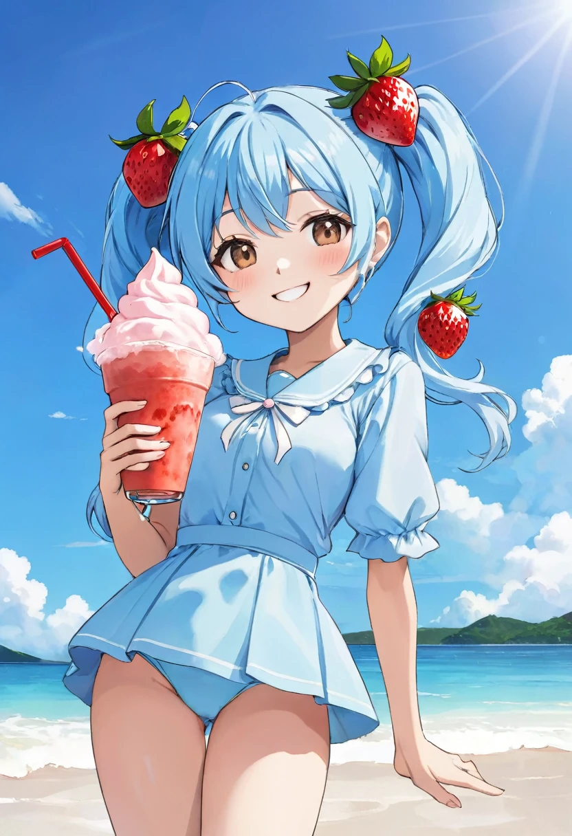 Shaved ice, strawberry frappe, long light blue hair, twin tails, bright smile