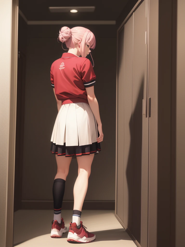 1girl, solo, masterpiece, best quality, high res, highly detailed, (illustration), beautiful detailed eyes, mori calliope, single hair bun, glossy lips, light makeup, standing, sport uniform, locker room, sneakers, (view from behind)