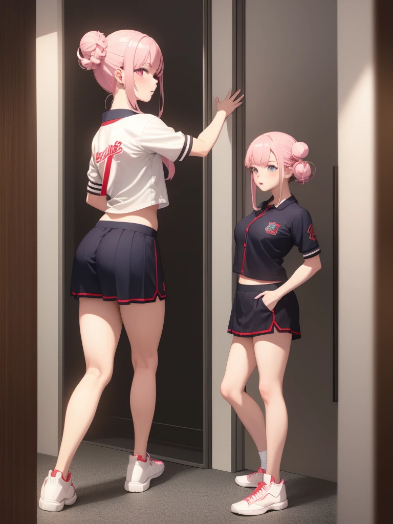 1girl, solo, masterpiece, best quality, high res, highly detailed, (illustration), beautiful detailed eyes, mori calliope, single hair bun, glossy lips, light makeup, standing, sport uniform, locker room, sneakers, (view from behind)