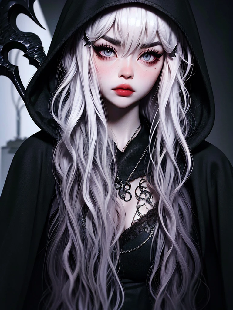 ((best quality)), ((masterpiece)), (detailed), 1girl, solo, beautiful, gothic, witch, gloomy, Asian woman, mature, black clothing, hooded black robe, modest clothing, hood up, goddess of death, blank expression, stoic expression, serious expression, split dye hair, multicolored hair, black and white hair, black dye on right side, white hair on left side, messy hair, bangs, black eyebrows, thick eyebrows, long eyelashes, grey eyes, dark circles under eyes, plump lips, red lipstick, red lips, no skin showing, skinny, pale skin, thin, sickly looking, looking at viewer, holding scythe, in graveyard, Wylona Hayashi, all black clothing, black hood, full body shot, cemetery background, standing, standing in a cemetery, holding scythe, windy, wind blowing, black long sleeves, black witch clothing, black religious clothing