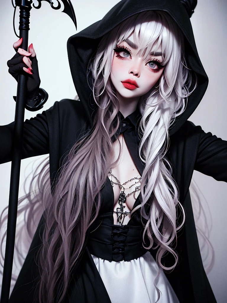 ((best quality)), ((masterpiece)), (detailed), 1girl, solo, beautiful, gothic, witch, gloomy, Asian woman, mature, black clothing, hooded black robe, modest clothing, hood up, goddess of death, blank expression, stoic expression, serious expression, split dye hair, multicolored hair, black and white hair, black dye on right side, white hair on left side, messy hair, bangs, black eyebrows, thick eyebrows, long eyelashes, grey eyes, dark circles under eyes, plump lips, red lipstick, red lips, no skin showing, skinny, pale skin, thin, sickly looking, looking at viewer, holding scythe, in graveyard, Wylona Hayashi, all black clothing, black hood, full body shot, cemetery background, standing, standing in a cemetery, holding scythe, windy, wind blowing, black long sleeves, black witch clothing, black religious clothing