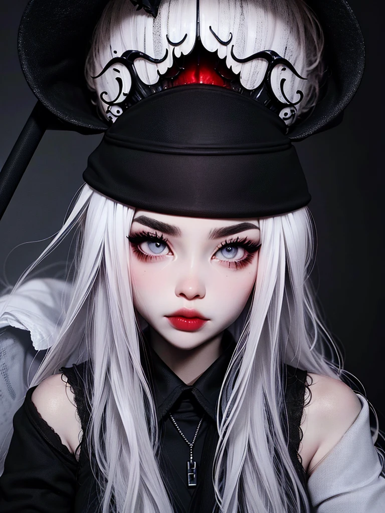 ((best quality)), ((masterpiece)), (detailed), 1girl, solo, beautiful, gothic, witch, gloomy, Asian woman, mature, black clothing, hooded black robe, modest clothing, hood up, goddess of death, blank expression, stoic expression, serious expression, split dye hair, multicolored hair, black and white hair, black dye on right side, white hair on left side, messy hair, bangs, black eyebrows, thick eyebrows, long eyelashes, grey eyes, dark circles under eyes, plump lips, red lipstick, red lips, no skin showing, skinny, pale skin, thin, sickly looking, looking at viewer, holding scythe, in graveyard, Wylona Hayashi, all black clothing, black hood, full body shot, cemetery background, standing, standing in a cemetery, holding scythe, windy, wind blowing, black long sleeves, black witch clothing, black religious clothing