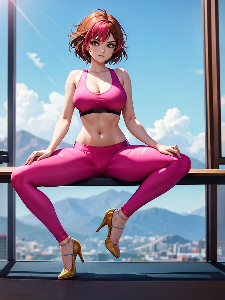 merula, sexy pose, pink high heels, sexy sport bra, yoga blue adidas pants, full body, thighs, sitting pose