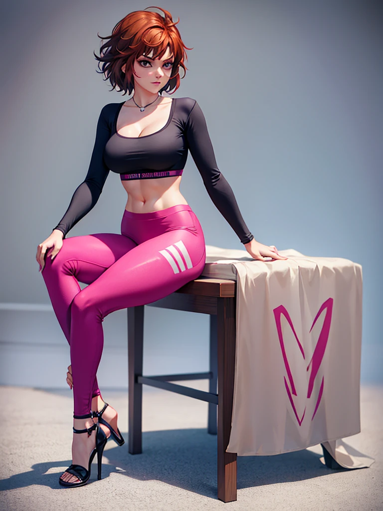 merula, sexy pose, pink high heels, sexy sport bra, yoga blue adidas pants, full body, thighs, sitting pose